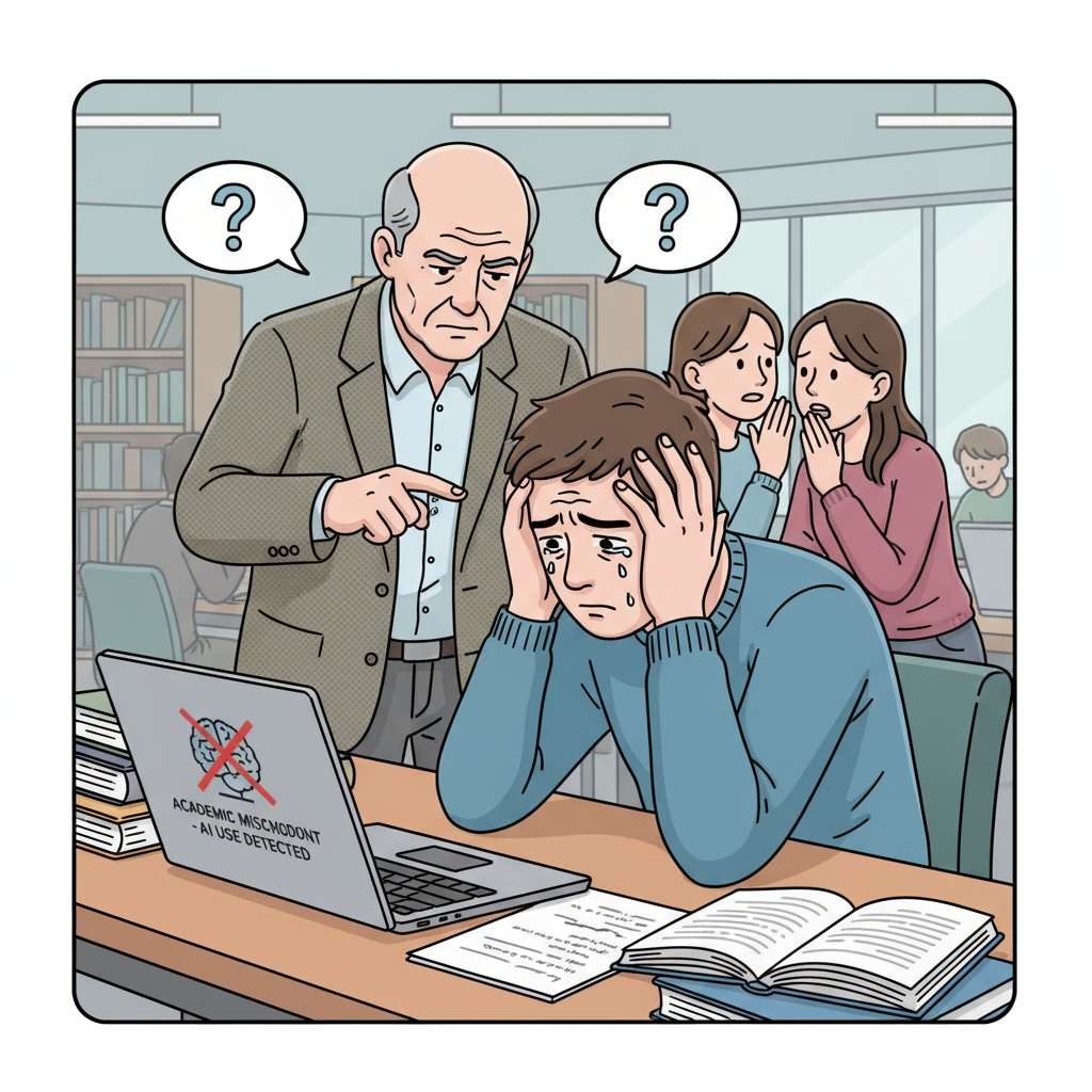 A student looking distressed in a university setting, perhaps after being falsely accused of AI use A distressed student in a university environment related to false AI accusation