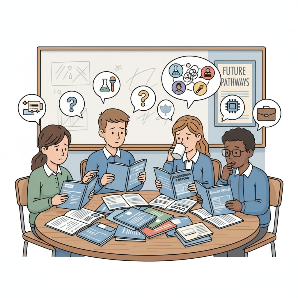 A group of high school students sitting around a table, looking at college brochures, with expressions of confusion and thoughtfulness. This represents the state of mind of students during the college major selection process. High school students facing the dilemma of college major selection, showing interest confusions and concerns about career planning.