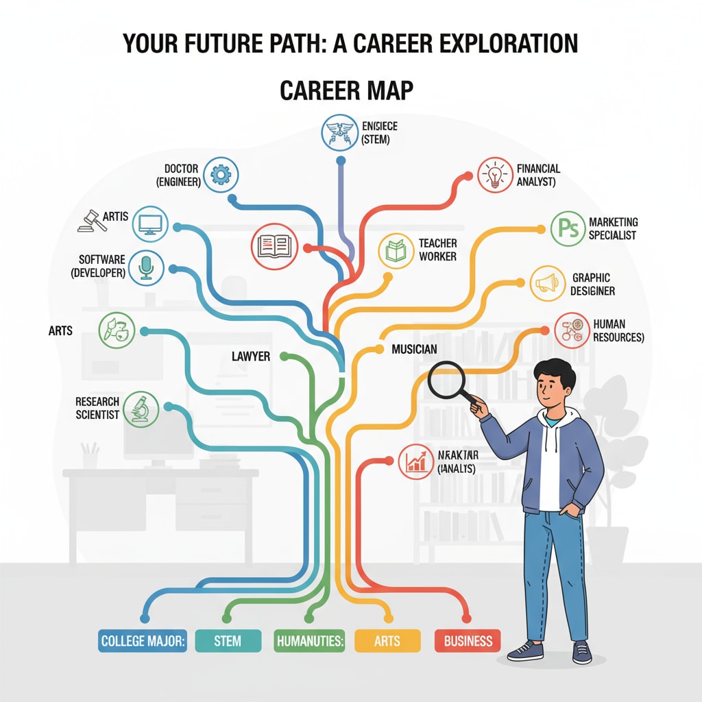 A student looking at a career map, with different paths branching out. This symbolizes the various career options available when choosing a college major. A student exploring career paths related to college major selection, highlighting the connection between interest confusions and career planning.