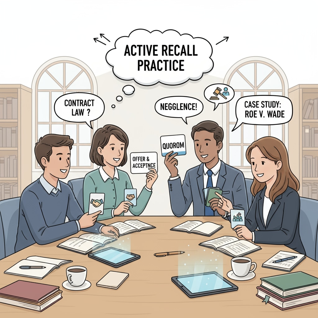 A group of students are sitting around a table, actively discussing legal concepts. Some of them are holding flashcards, which they use to test each other, demonstrating the practice of active recall. Students practicing active recall in legal learning