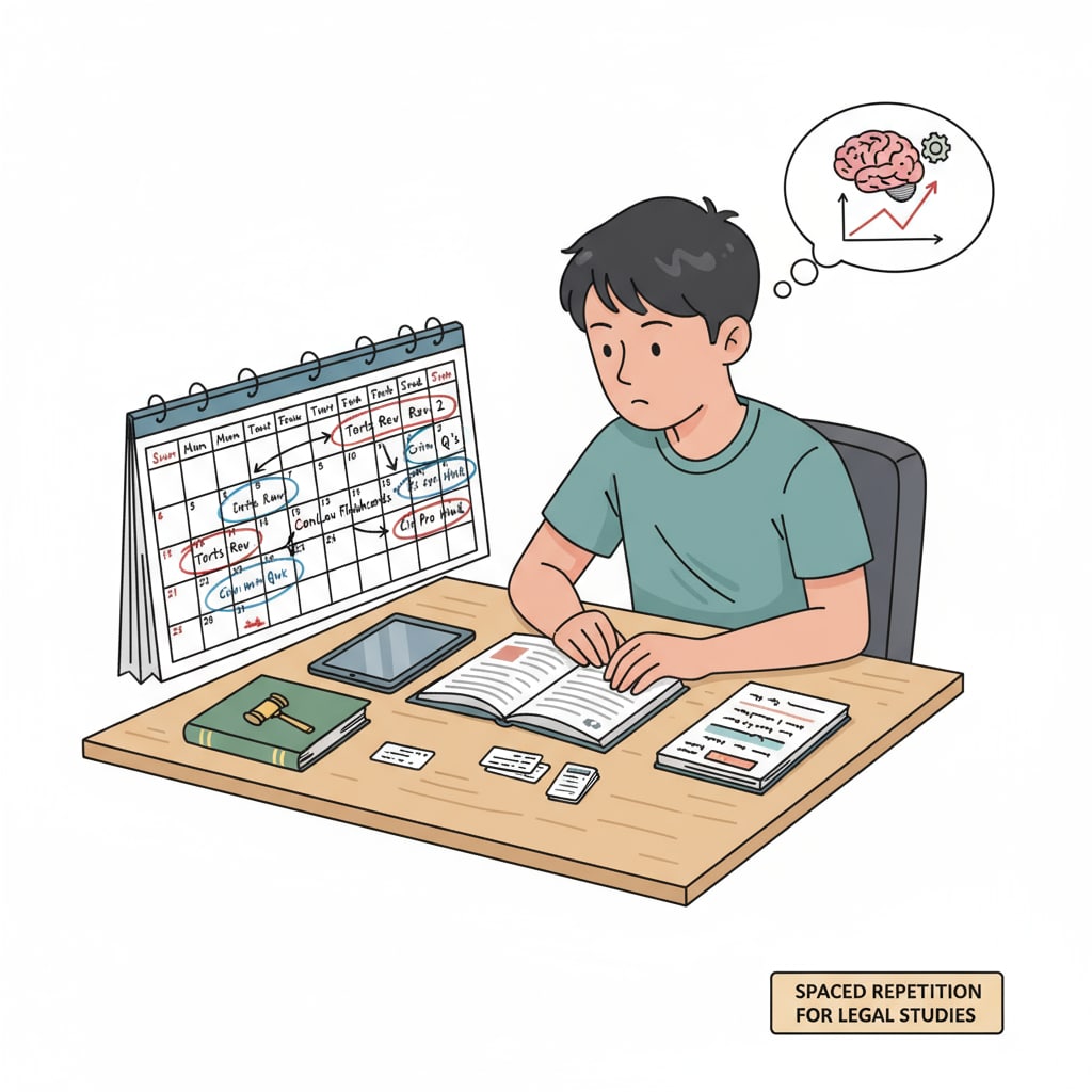A student is looking at a calendar on their desk. The calendar has markings indicating different review times for legal study materials, showing the implementation of spaced repetition. Student using spaced repetition for legal study