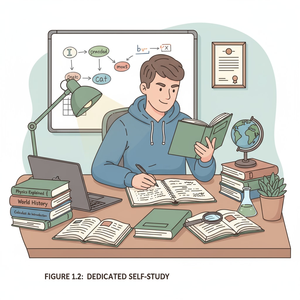 A student sitting at a desk, reading books and taking notes, showing a focused state of self-education. This image represents the essence of self-education where students independently engage in learning activities. A student practicing self-education during high school to improve grades and enhance life quality