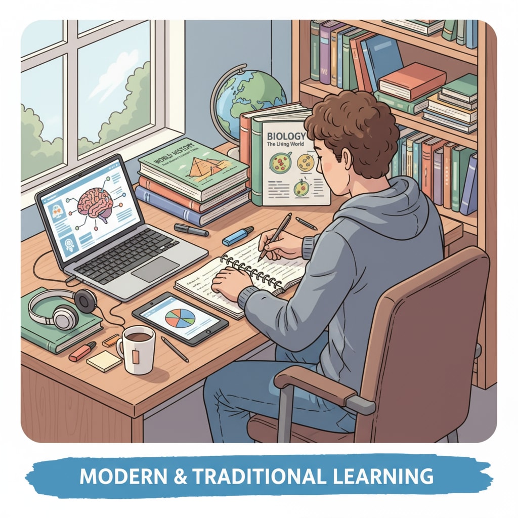 A student using a laptop and books to study, symbolizing the utilization of different resources for self-education. It showcases how students can make use of modern and traditional resources to learn. A high school student using various resources for self-education to overcome poor grades and improve life quality