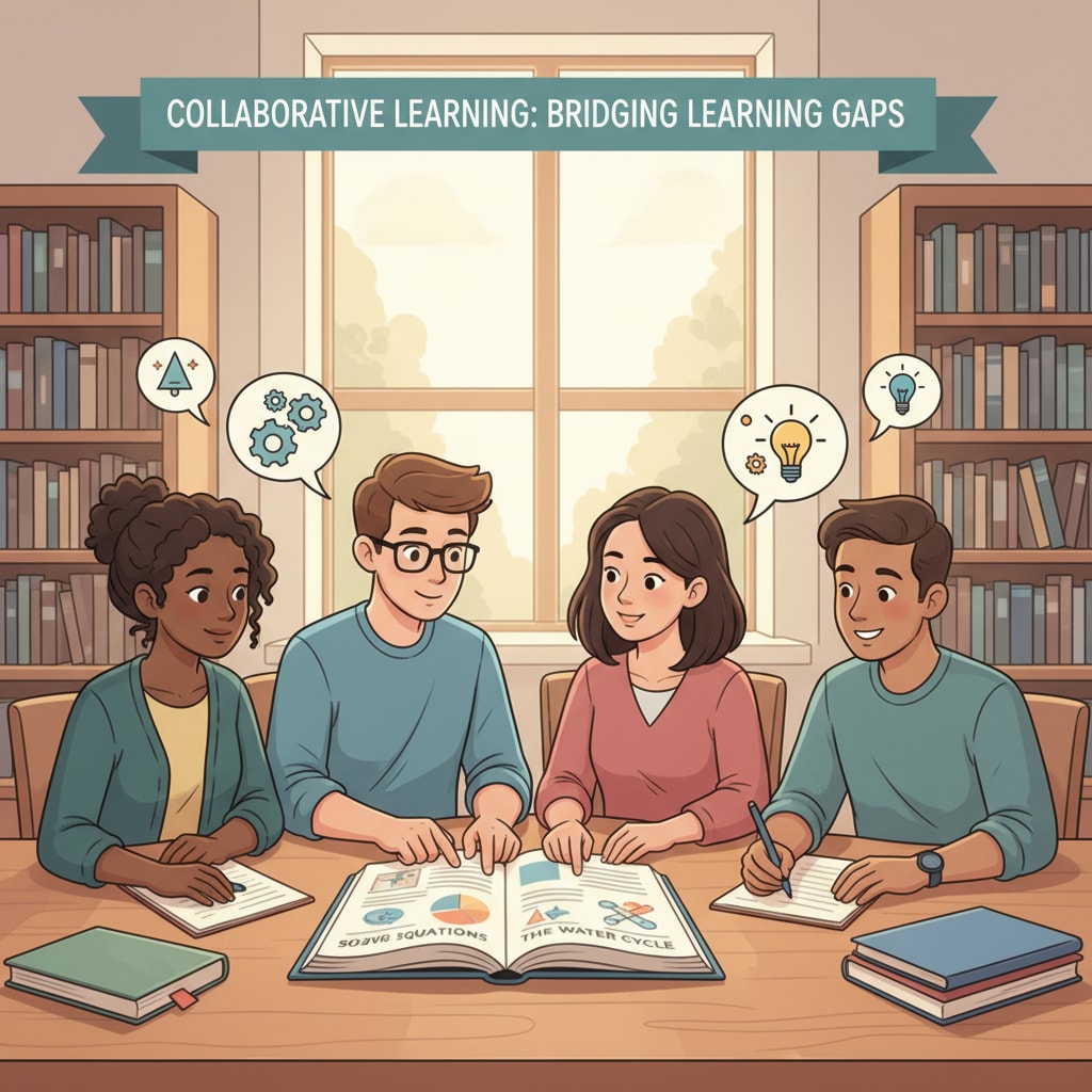 A group of students are studying together in a library, showing a collaborative learning environment which can be beneficial for students with learning gaps. Students studying together in a library for educational remedies