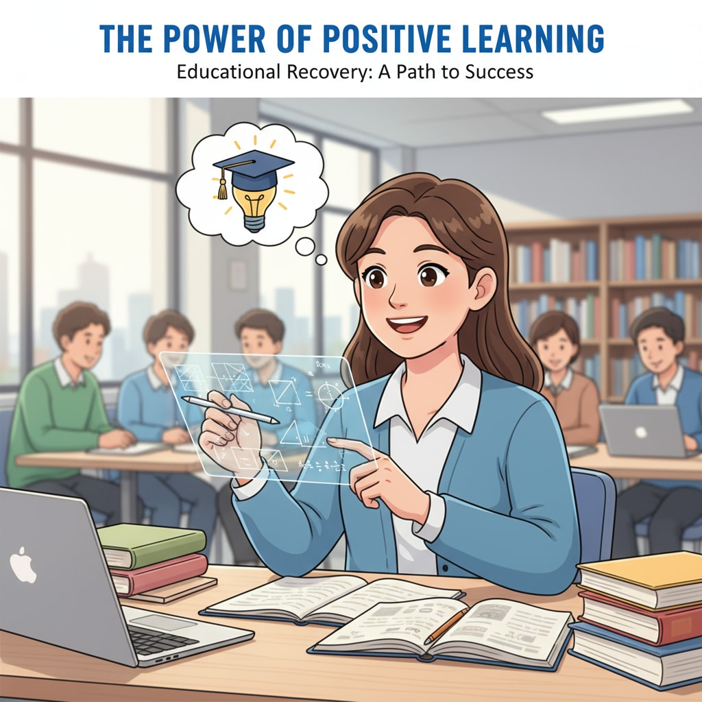 A student is smiling while studying at a desk, indicating a positive attitude towards learning, which is important in the process of educational recovery. A positive student studying at a desk for high school learning improvement