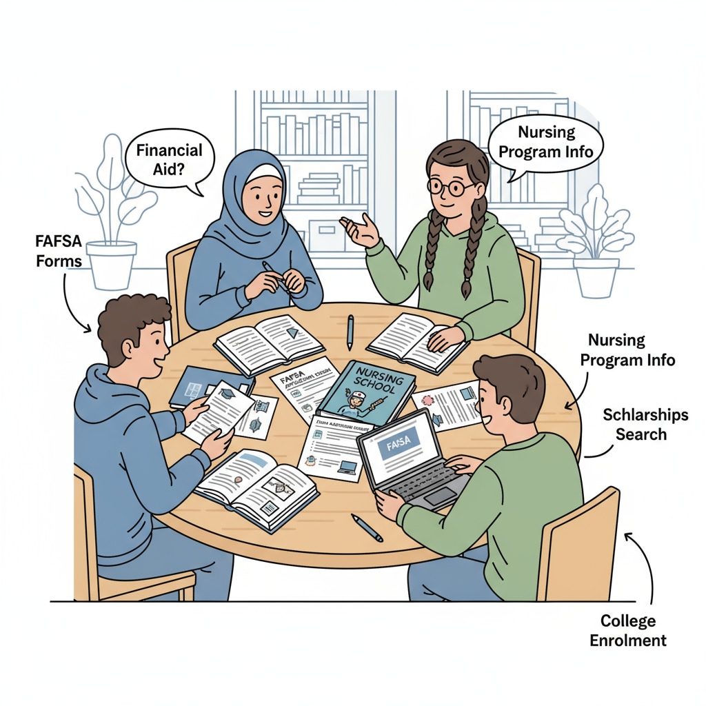 A group of students sitting around a table, discussing and looking at papers related to applying for FAFSA to pursue nursing courses. Students discussing FAFSA application for nursing courses