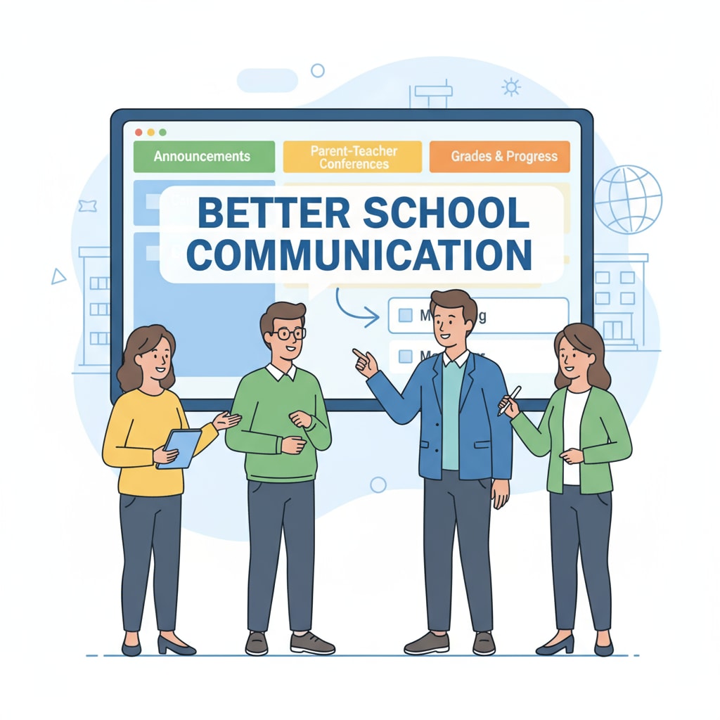 A group of parents and teachers are communicating in front of a digital screen that shows a school management system interface, highlighting the need for better school communication. Parents and teachers communicating using a school management system interface for effective school communication and parent information access