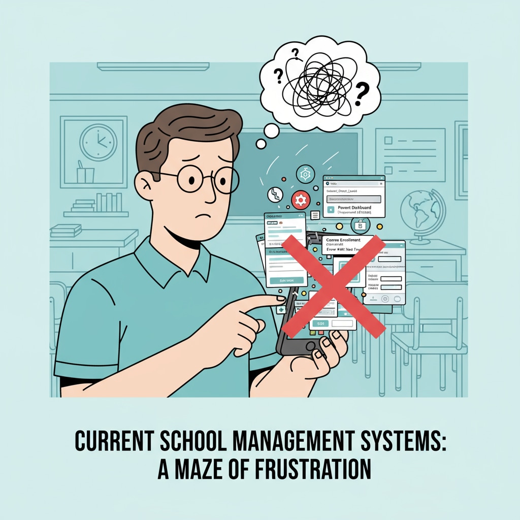 A parent is looking confused while trying to navigate a complicated school management system on a mobile device, demonstrating the user-unfriendliness of current systems. A confused parent struggling with a complex school management system on a mobile device, related to parent information access and school management system issues