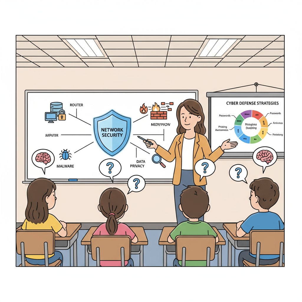 A group of K12 students attentively listening to a teacher explaining network security on a whiteboard. The teacher is using visual aids to make the concepts clear. K12 students engaged in network security education listening to the teacher with visual teaching aids