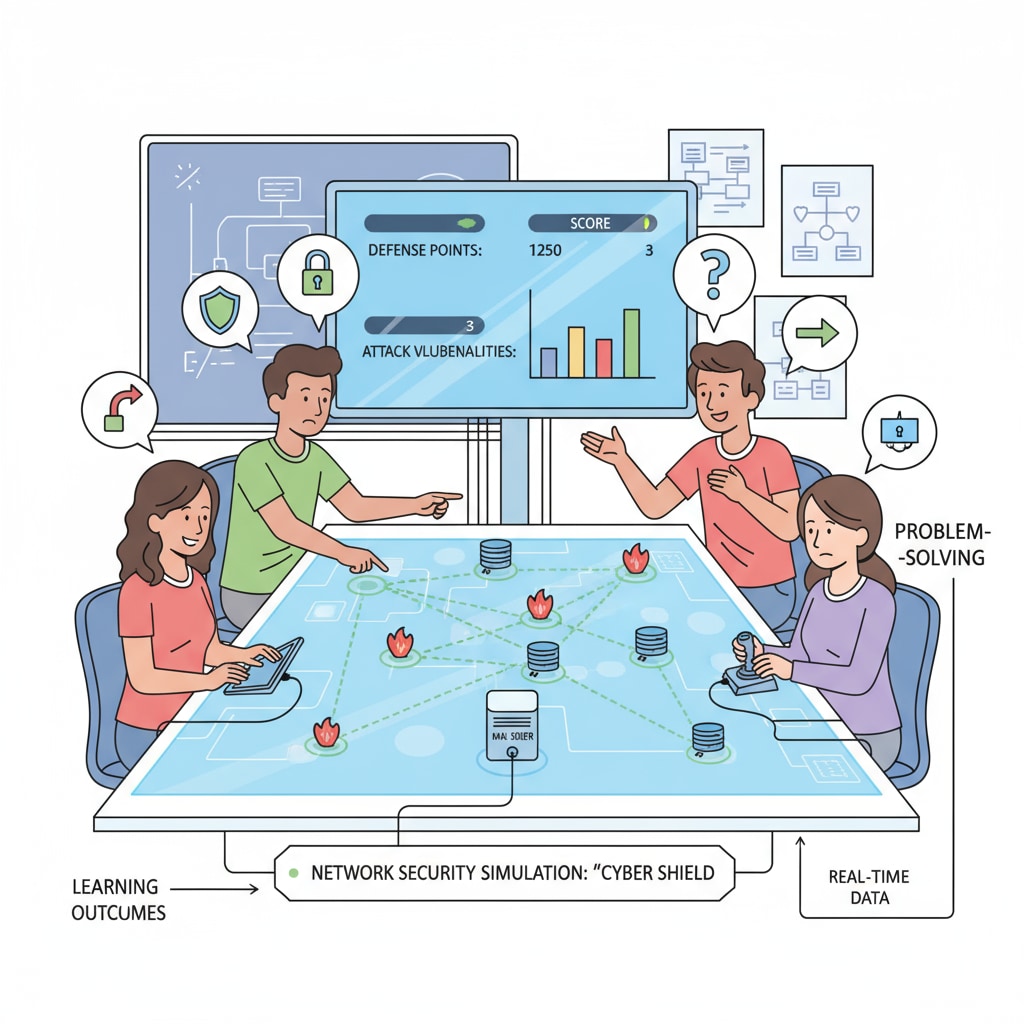 Students actively participating in a network security simulation game. They are interacting with each other and learning through the game. K12 students actively involved in a network security simulation game for better understanding