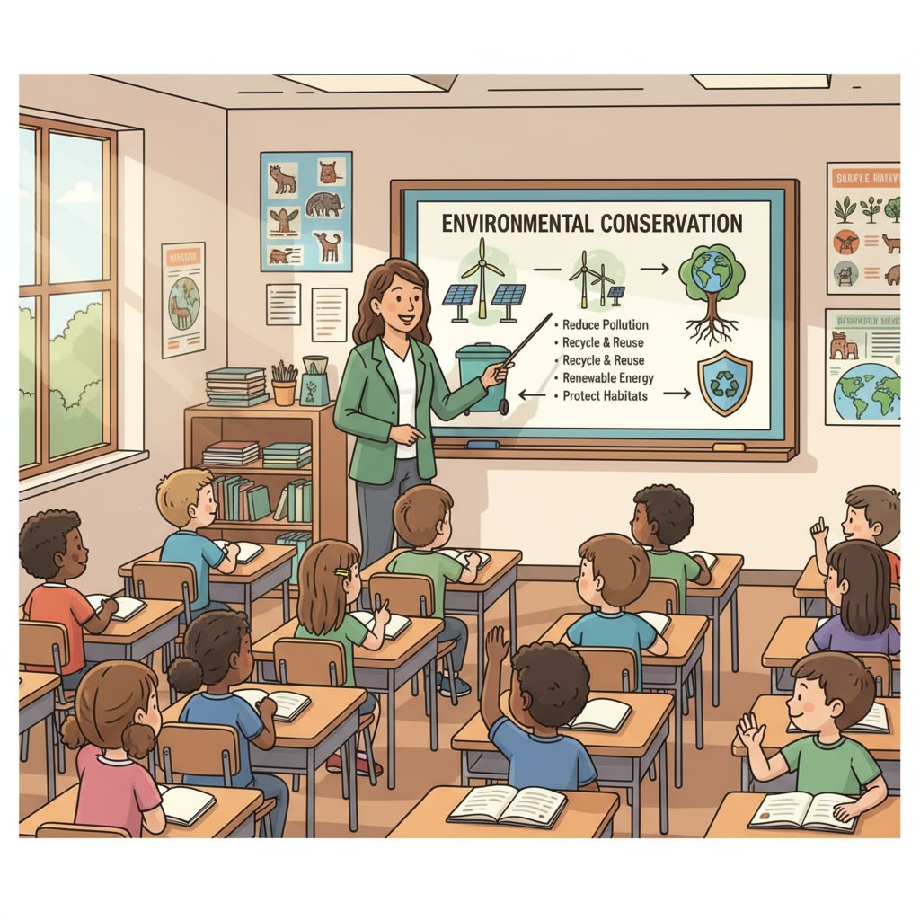 K-12 students learning conservation education in a classroom, related to sociological research on conservation education impact