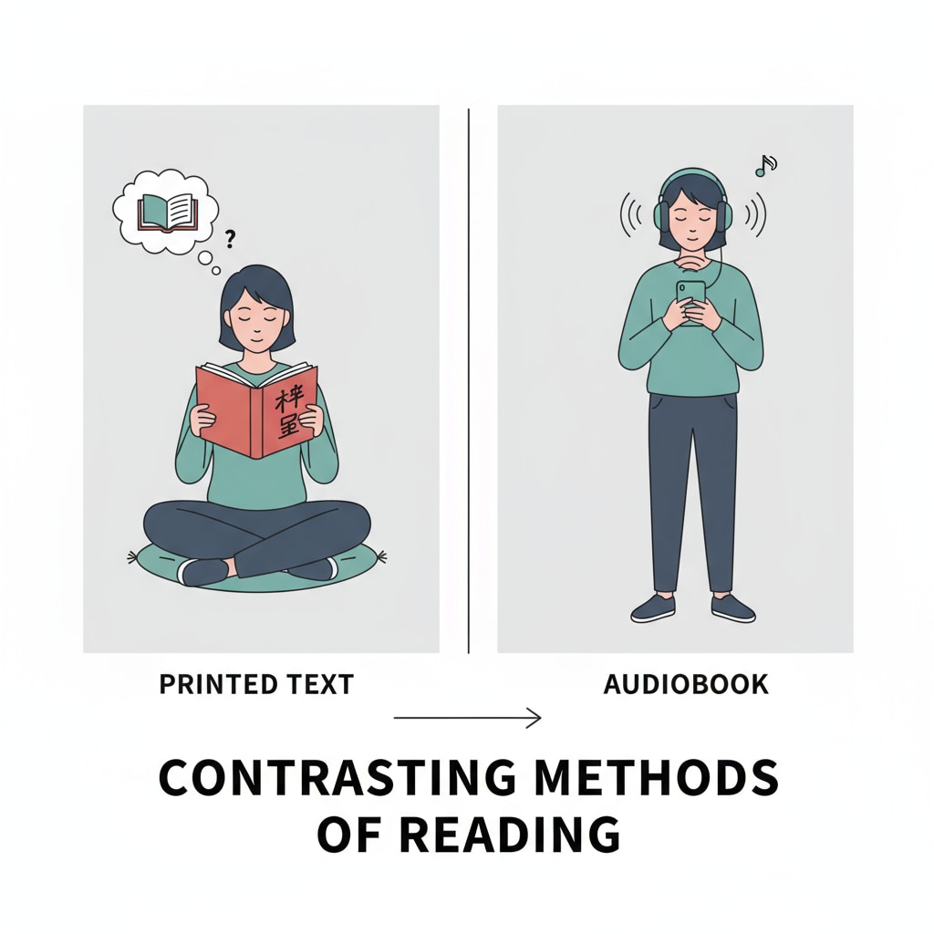 Comparison of traditional reading and audiobook listening in Chinese language learning.
