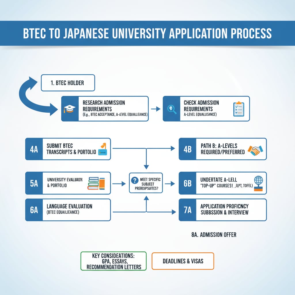 Application process for BTEC holders to Japanese universities, highlighting A-level requirements and BTEC equivalence.