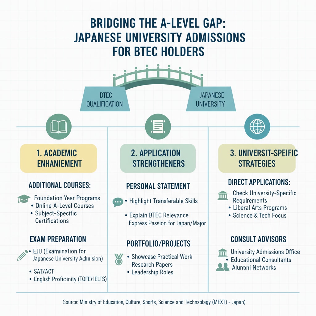 Strategies for BTEC holders to bridge the A-level requirement gap in Japanese university applications.