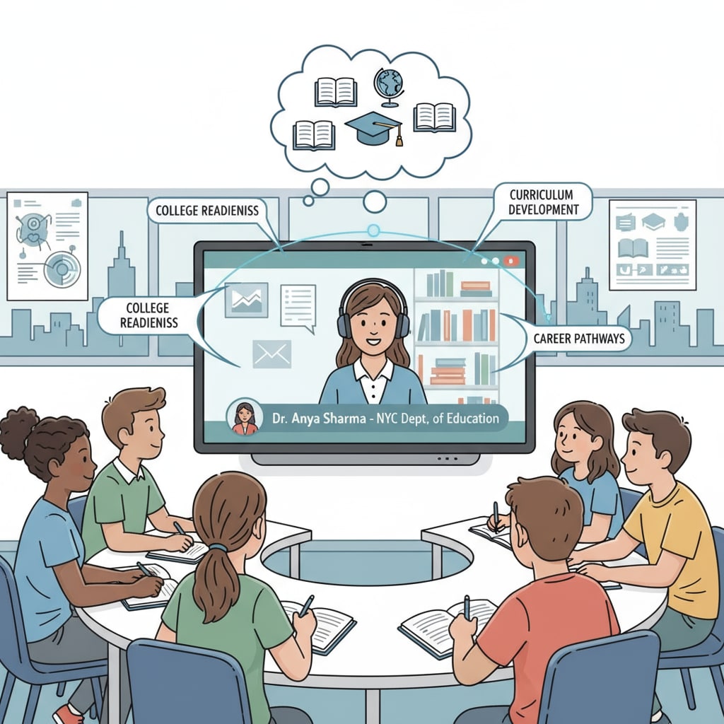A group of students are shown listening attentively during a virtual interview with an education professional from the New York education system. This depicts the process of students gaining insights from real-world educators. Students engaged in a virtual interview for urban education learning