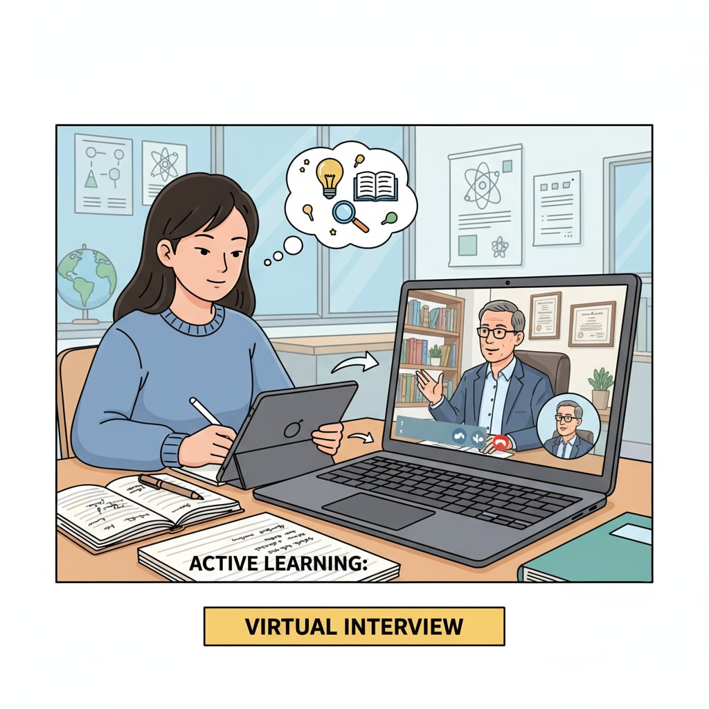 A student is taking notes during a virtual interview with an education expert. This image showcases the active participation of students in the interview process to gather knowledge. Student taking notes during an urban education interview