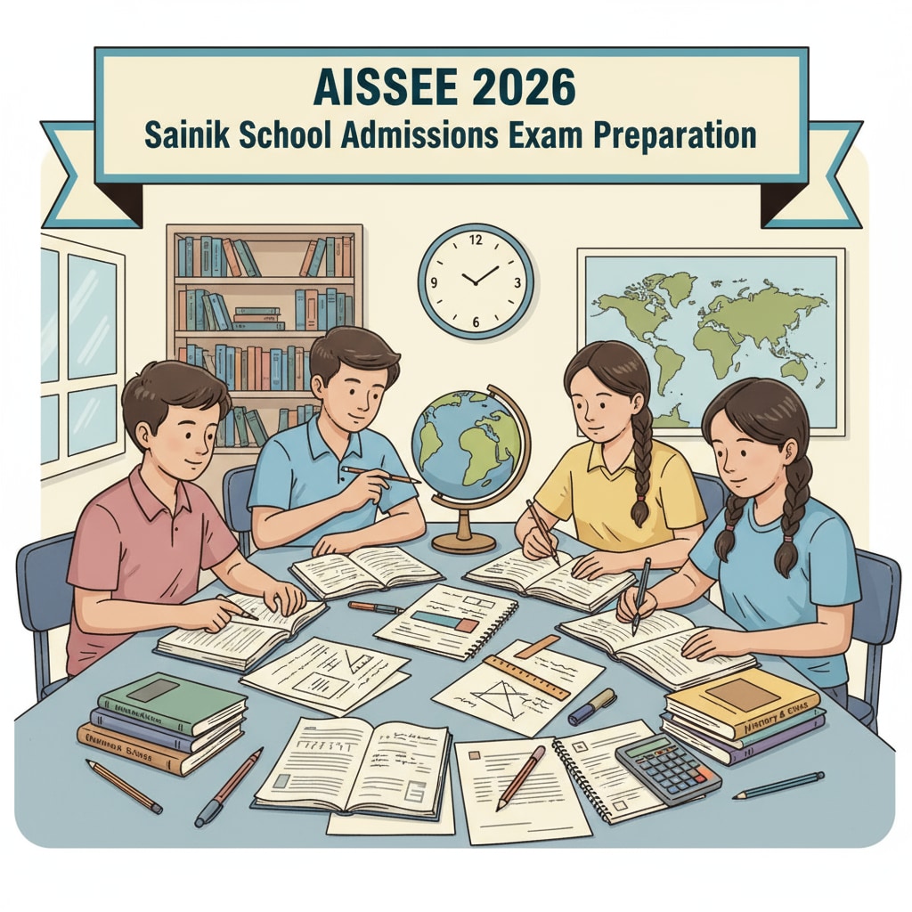 Students are shown studying books and papers, indicating their preparation for the AISSEE 2026 Sainik School admissions exam. Students preparing for the AISSEE 2026 Sainik School admissions exam