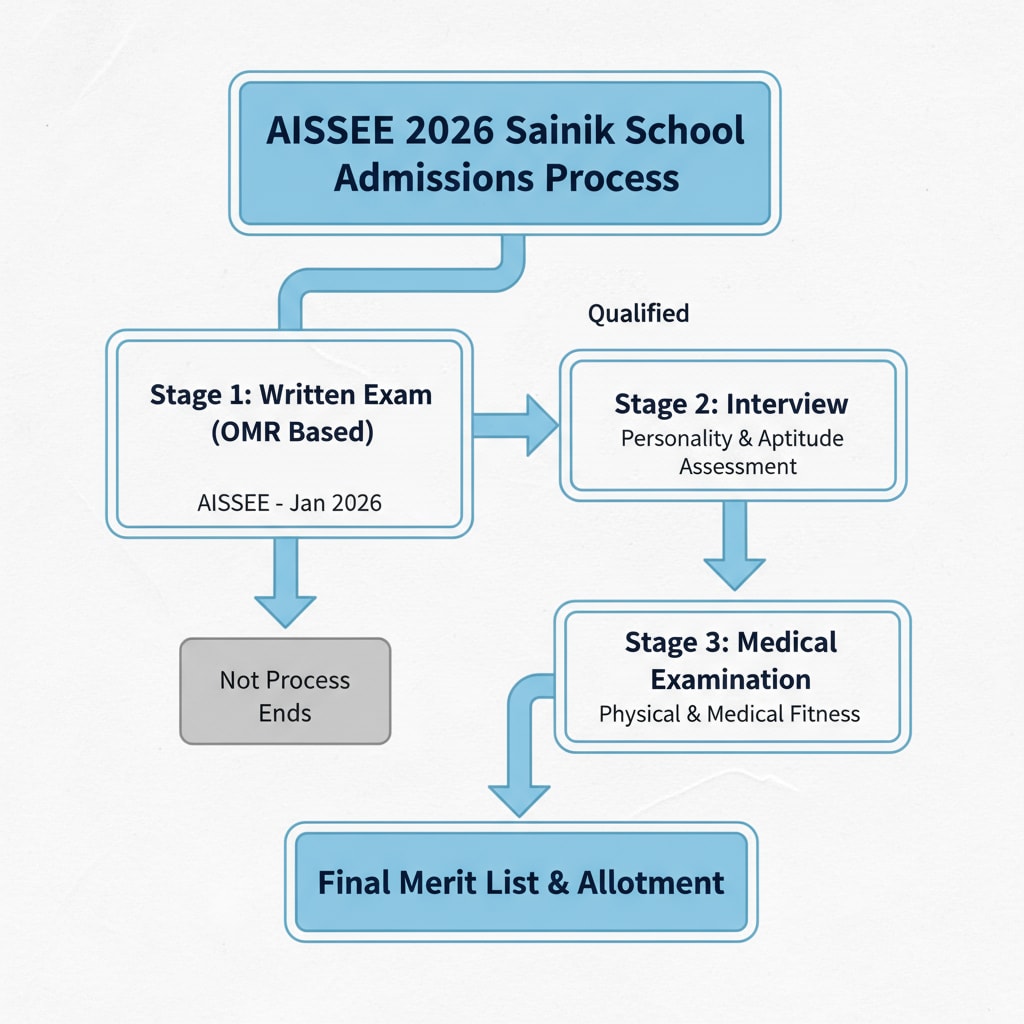 A flow chart depicting the different stages such as written exam, interview, and medical examination in the AISSEE 2026 Sainik School admissions process. A visual representation of the different stages of the AISSEE 2026 Sainik School admissions process