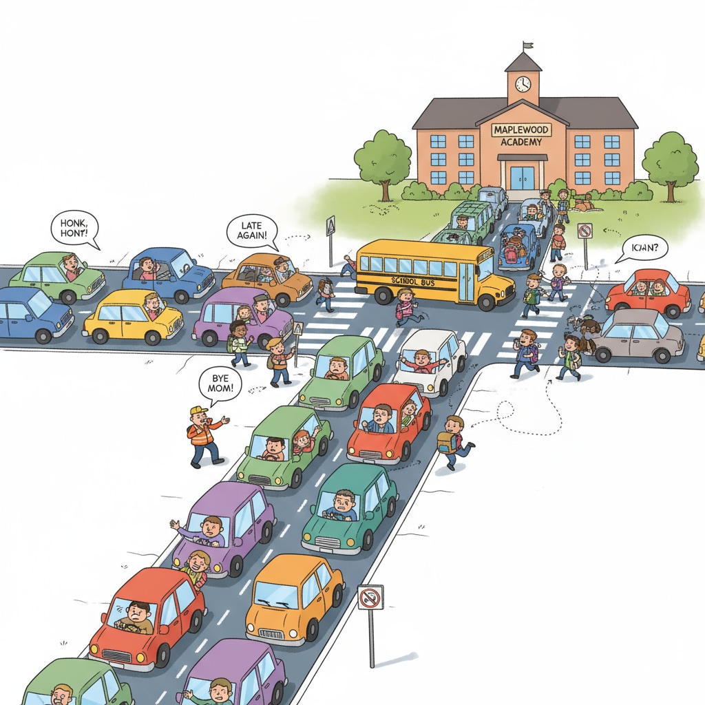 A chaotic scene at the school entrance during drop-off time, with cars lined up and causing traffic jams. Traffic congestion during school drop-off