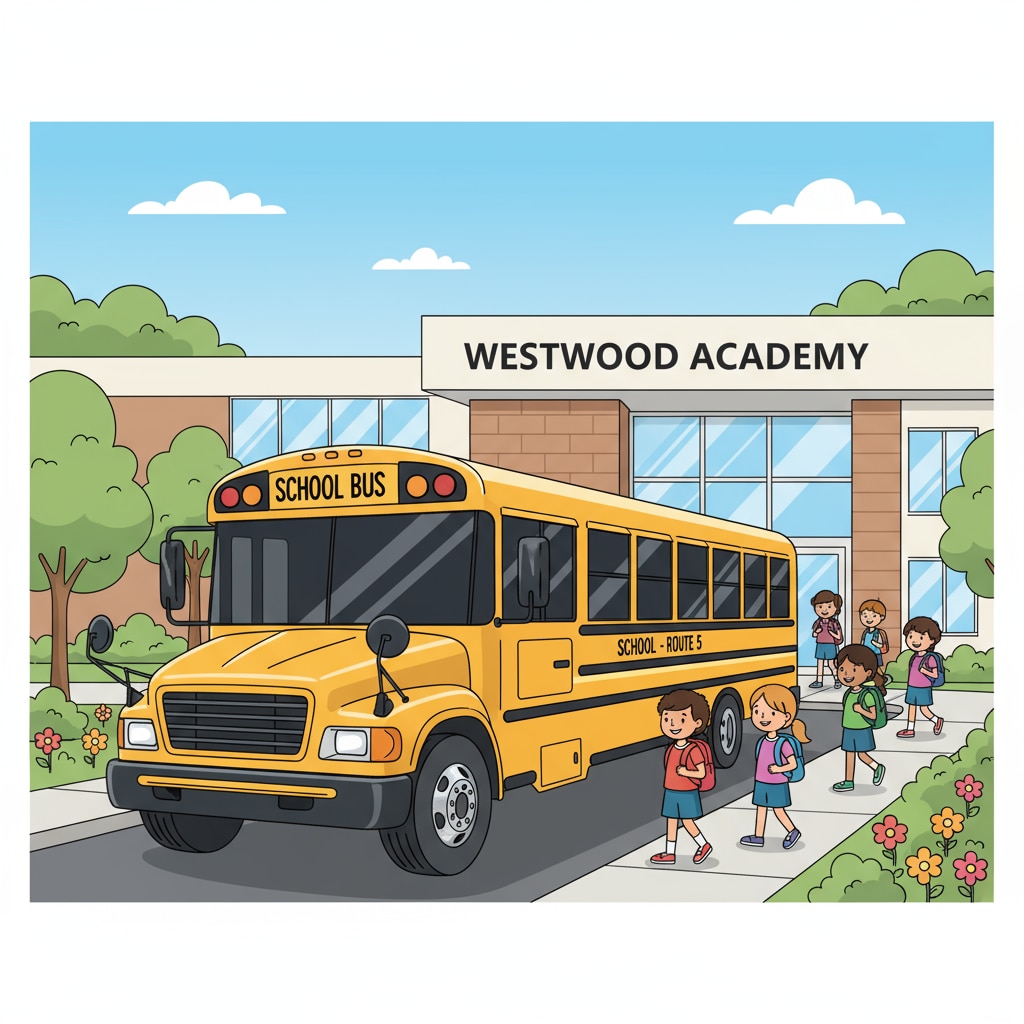 A modern and well-maintained school bus parked at the school entrance, ready to pick up students. School bus for student pick-up