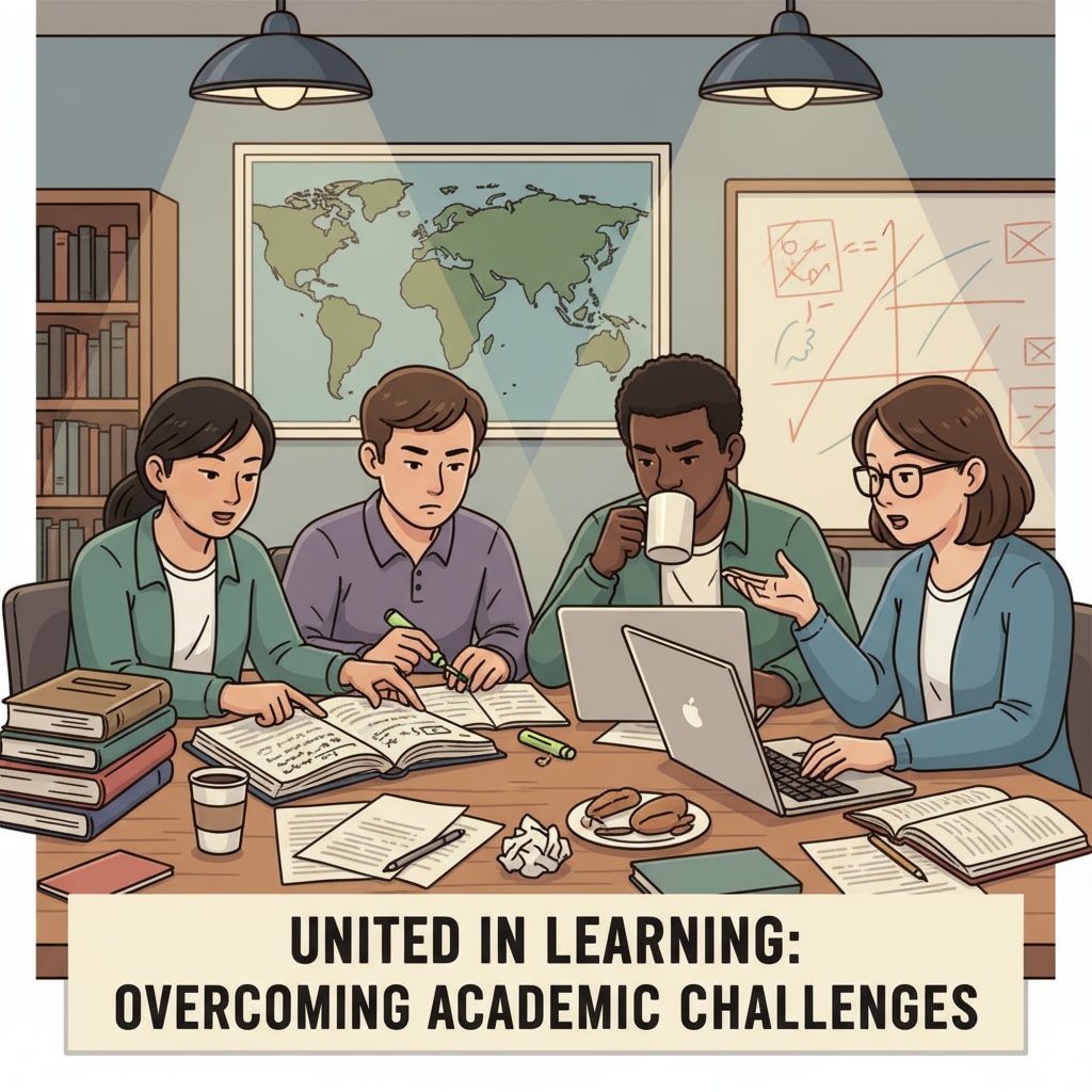 International students studying together in a library, showing determination to overcome academic challenges International students overcoming academic challenges in a library setting