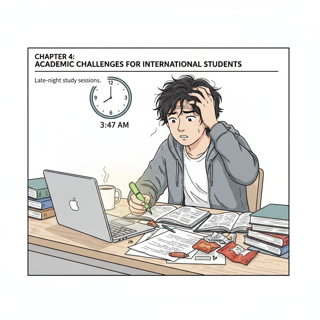 An international student sitting at a desk, looking worried while trying to catch up on studies An international student facing challenges while trying to return to academic studies