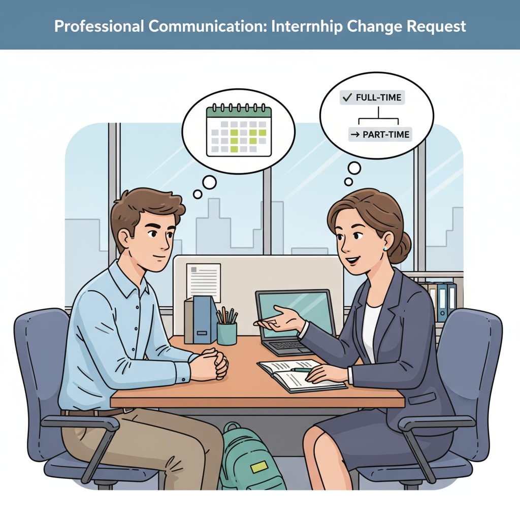 A student professionally communicating with an internship supervisor regarding a change in internship working hours for academic balance.