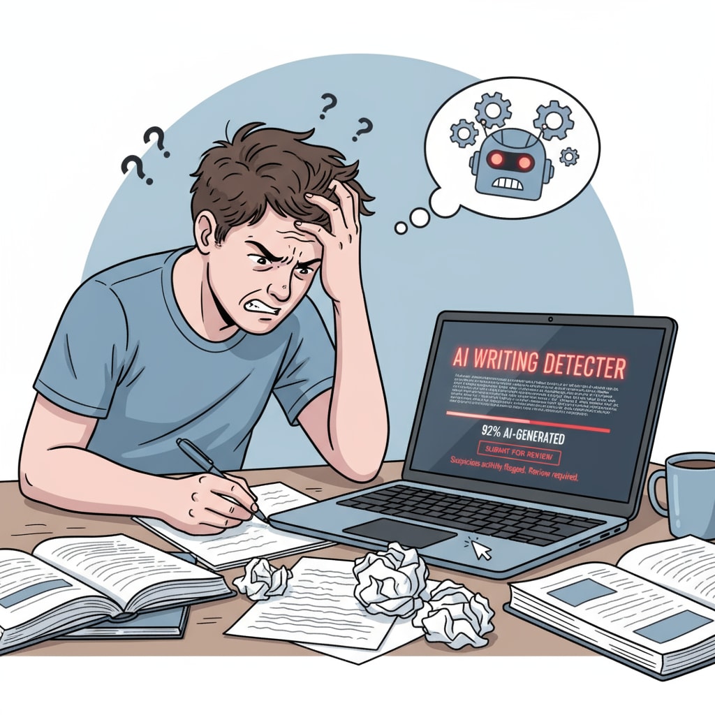 A frustrated student writing an essay with an AI detection tool on the computer, related to creative writing, AI detection, and student creativity