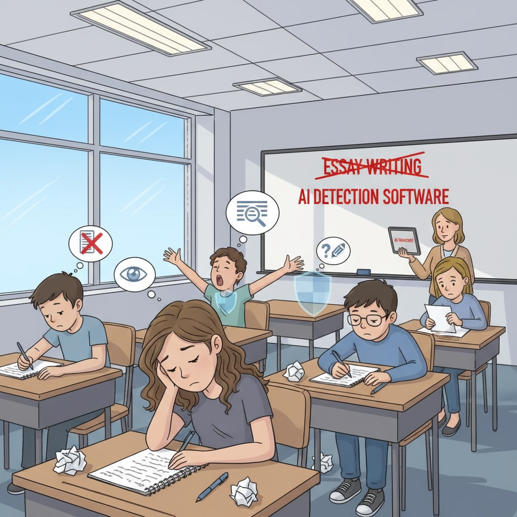 Bored students writing essays in a classroom, associated with creative writing, AI detection, and student creativity
