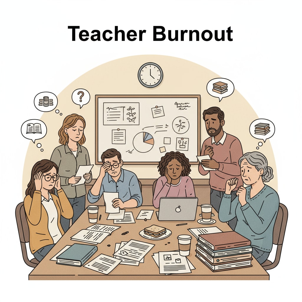 A group of teachers sitting in the staff room, looking tired and stressed. Some are rubbing their temples, and there are worried expressions on their faces. Teachers experiencing stress due to student behavior problems and lack of support