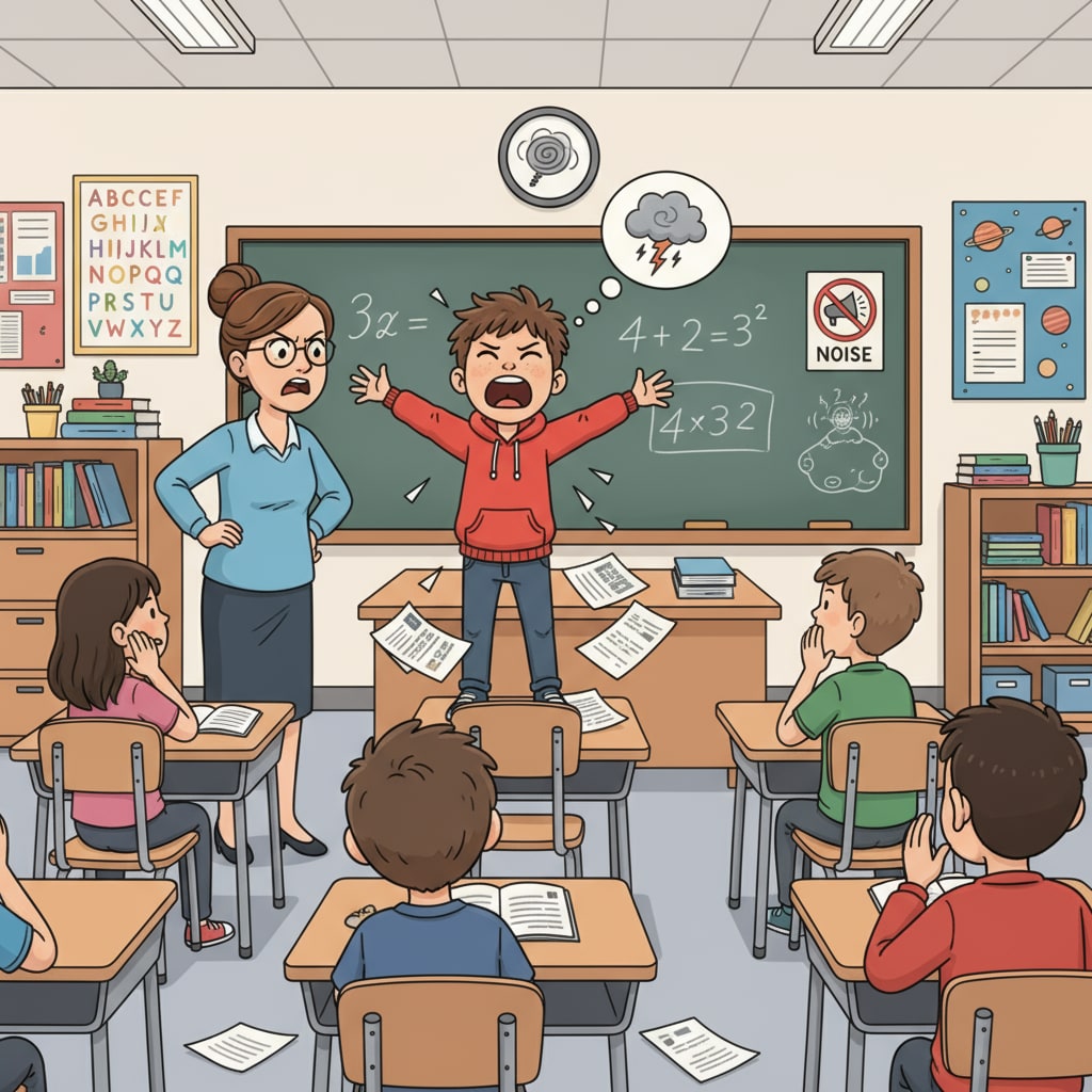 A classroom with a student standing up, shouting, and disrupting the class. The teacher is looking frustrated. Disruptive student behavior causing frustration for the teacher