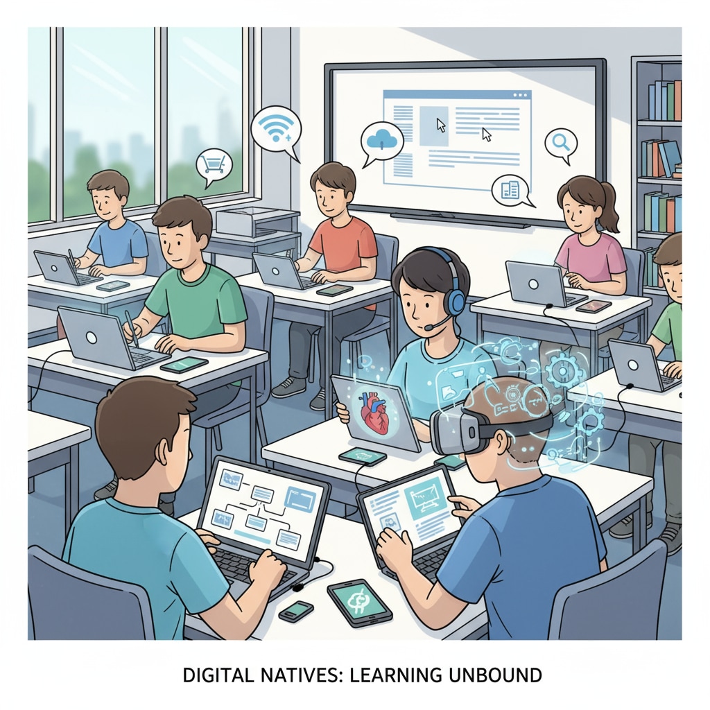 Digital natives using various electronic devices for learning in a modern classroom Digital natives learning with educational technology in a community college classroom