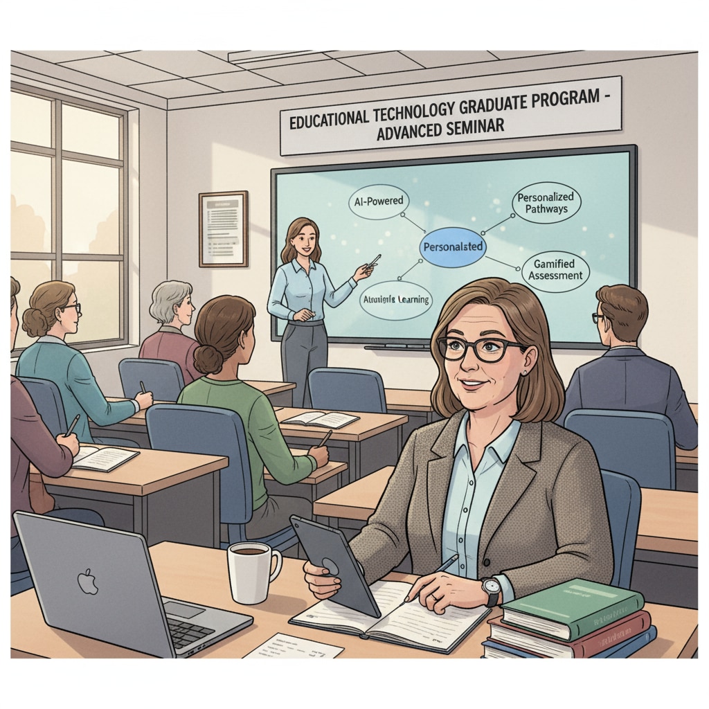 A community college teacher attending an educational technology graduate program lecture Community college teacher learning educational technology in a graduate program