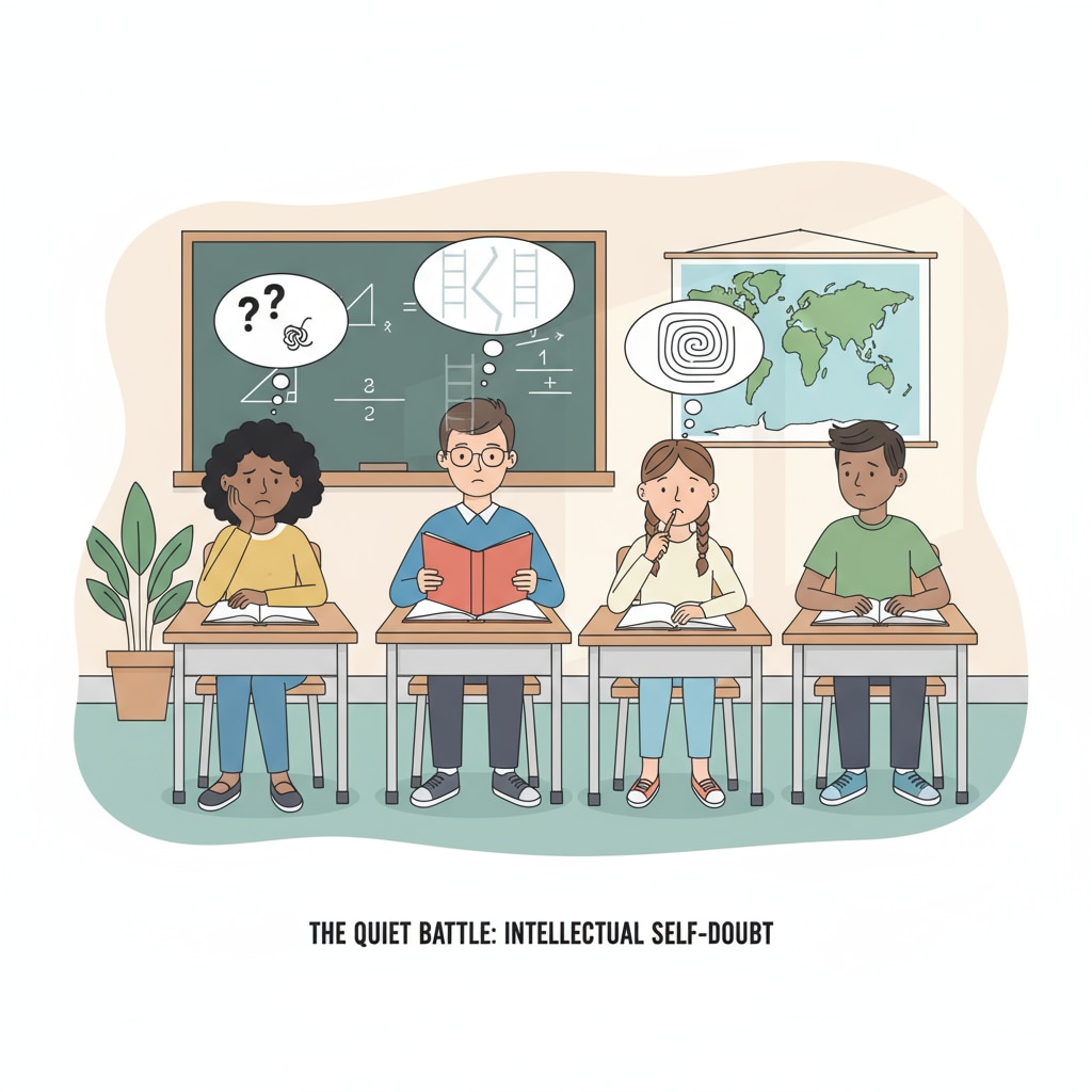 A group of students in a regular classroom, some looking pensive, representing the hidden struggles of intellectual self-doubt Students in a regular classroom showing signs of intellectual self-doubt