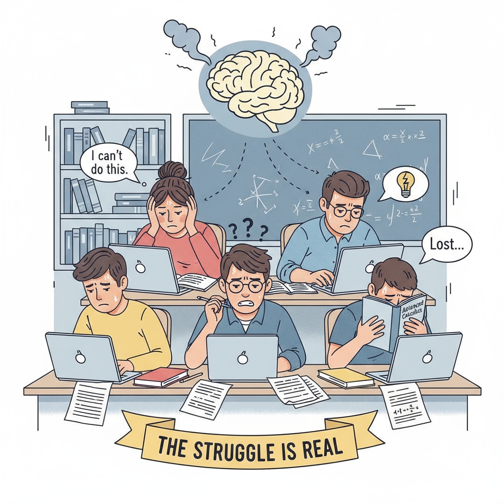 Students working on difficult assignments, showing signs of stress and self-doubt Students experiencing stress and self-doubt while doing assignments