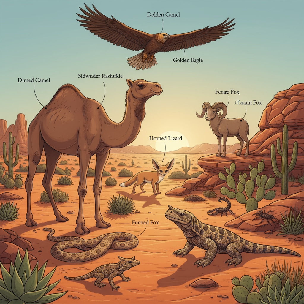 A group of various desert animals including camels, snakes, and lizards are shown in their natural desert environment, highlighting the diversity of desert fauna. Desert animals demonstrating their adaptation mechanisms and survival abilities in their natural habitat.