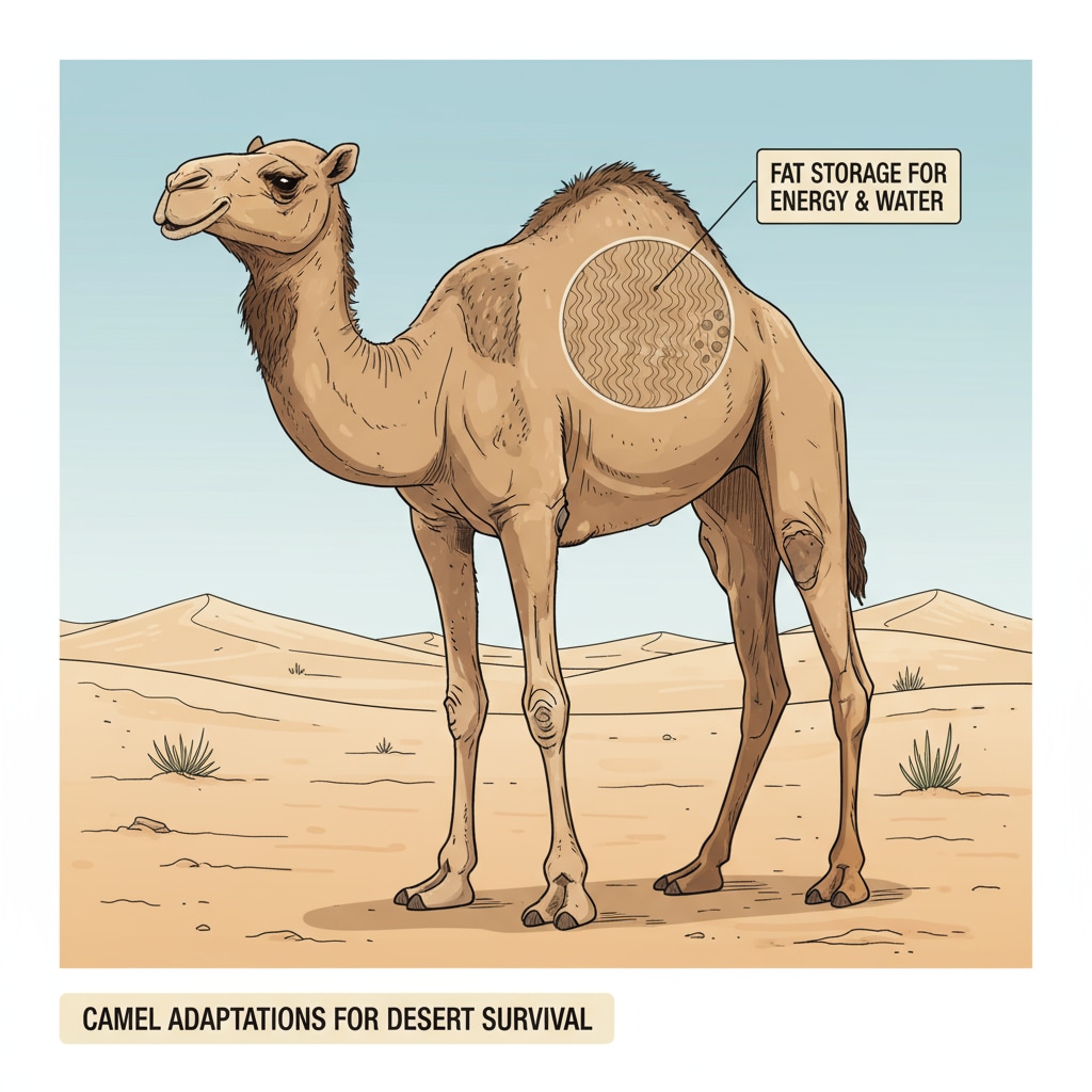 A single camel is standing in the vast desert, with its prominent hump clearly visible, representing its unique adaptation for survival in the desert. A camel showcasing its survival adaptation in the form of a hump in the desert.