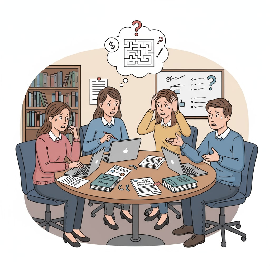 A group of teaching assistants are gathered around a table, discussing the MAT program application process with worried expressions on their faces. Teaching assistants discussing MAT program application and the choice of recommenders