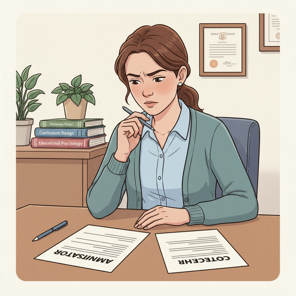 A teaching assistant is sitting at a desk, looking at two pieces of paper, one labeled 'Administrator' and the other 'Co-Teacher', with a thoughtful expression. Teaching assistant considering the choice between administrator and co-teacher as a recommender