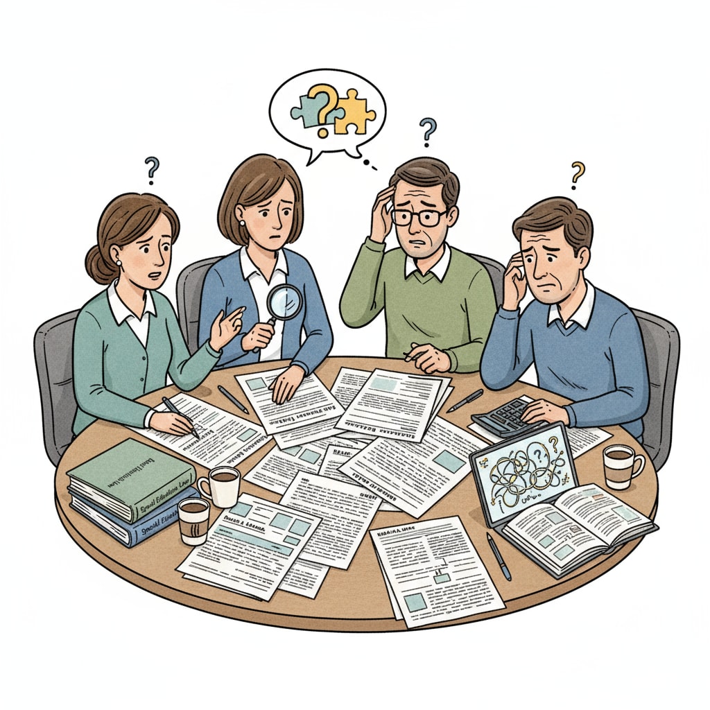 A group of special educators sitting around a table, looking at IEP documents with puzzled expressions. Special educators facing difficulties in understanding IEP documents.