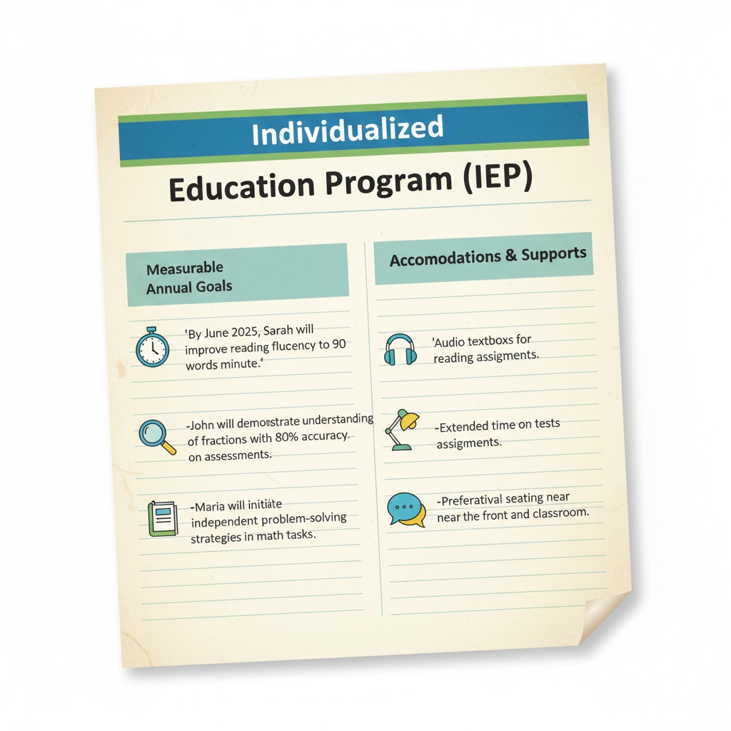 A close-up of an IEP document page, showing sections with goals and accommodations. Close-up view of an IEP document highlighting its complexity.