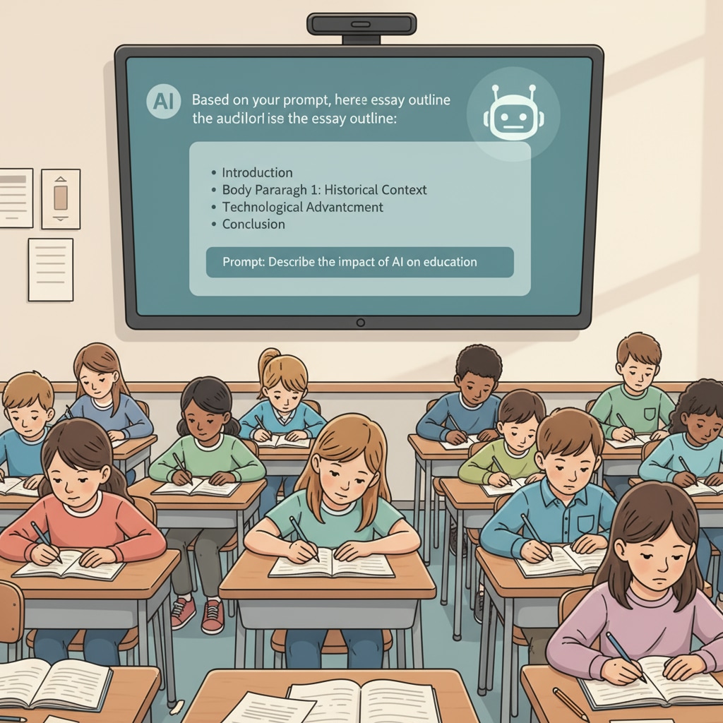 A scene where students are sitting at their desks, working on homework. In the background, a computer screen shows an AI writing tool interface. Students using AI tools for homework