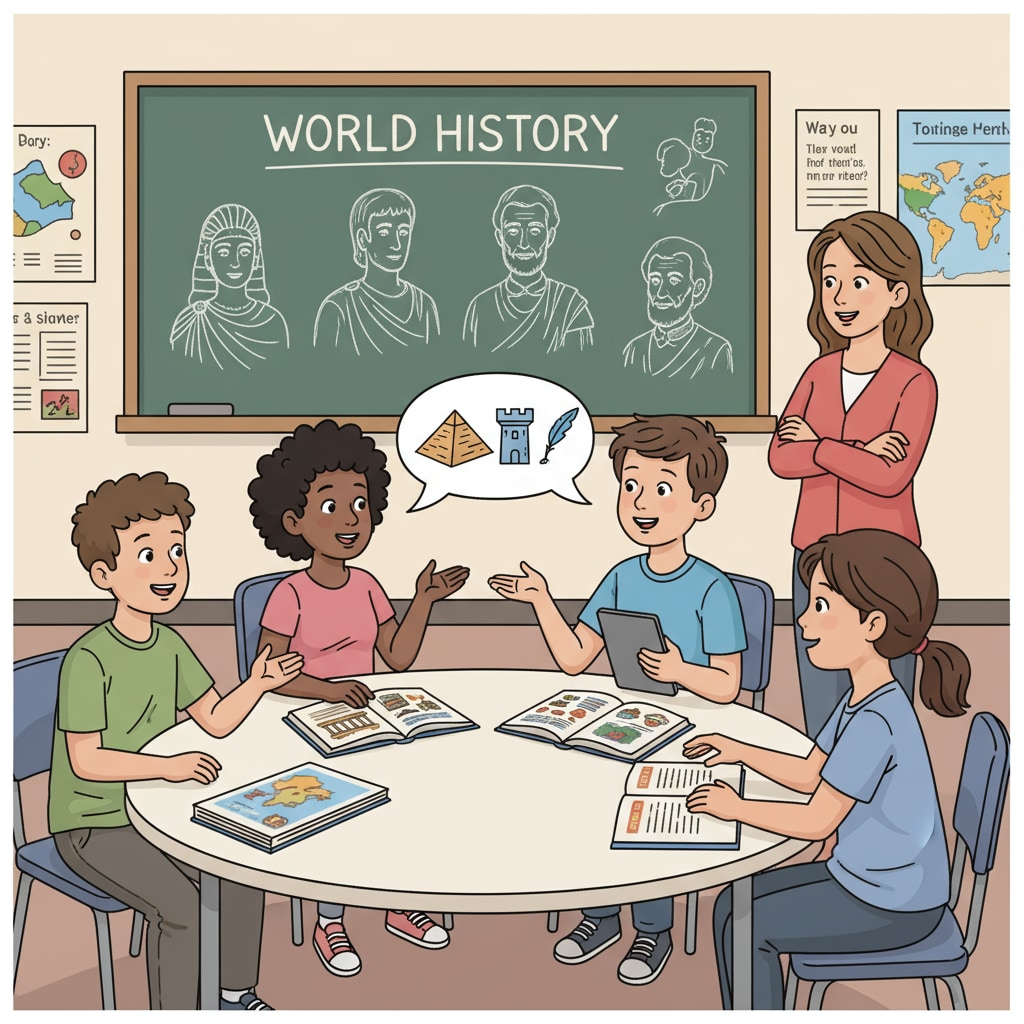 A group of students are engaged in a lively discussion about historical events in a classroom setting, with a teacher observing. Students discussing history in a classroom related to teaching profession, college application, and history education