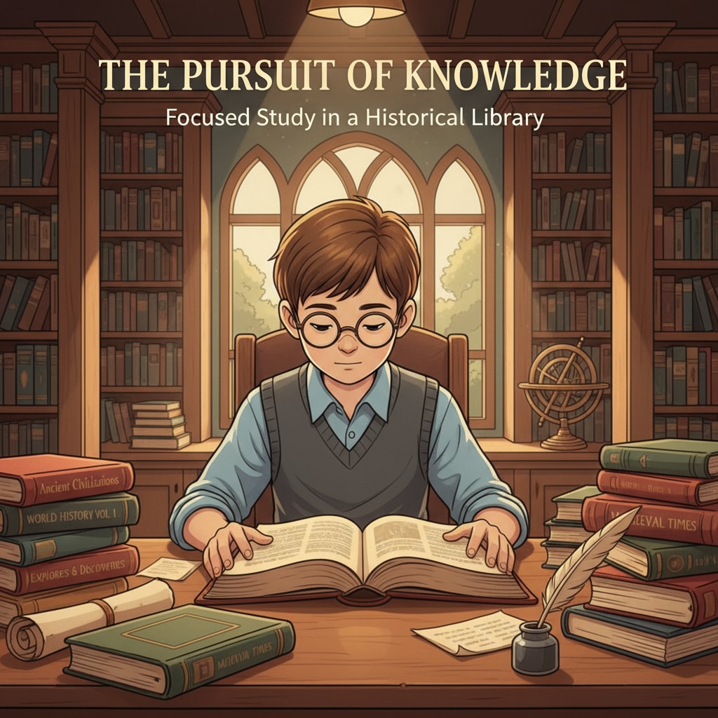 A student is sitting at a table in a library, surrounded by historical books, deeply engrossed in studying. Student studying historical books in a library relevant to teaching profession, college application, and history education