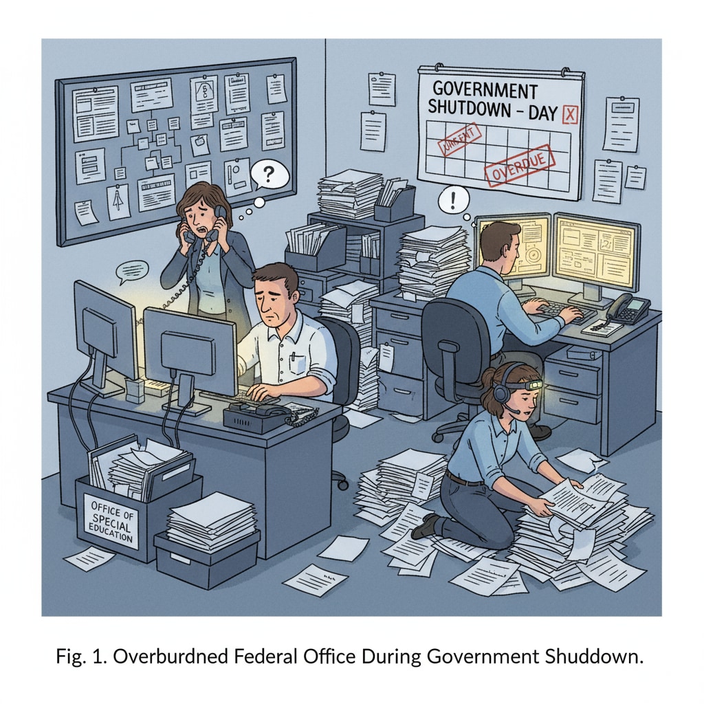 Three employees working busily in a small office representing the overburdened federal Office of Special Education during the government shutdown Employees in the federal Office of Special Education during government shutdown