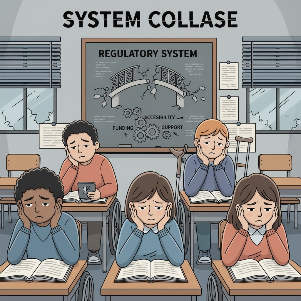 A group of disabled students looking confused and disappointed in a classroom, symbolizing the negative impact of the regulatory system collapse Disabled students affected by the regulatory system collapse