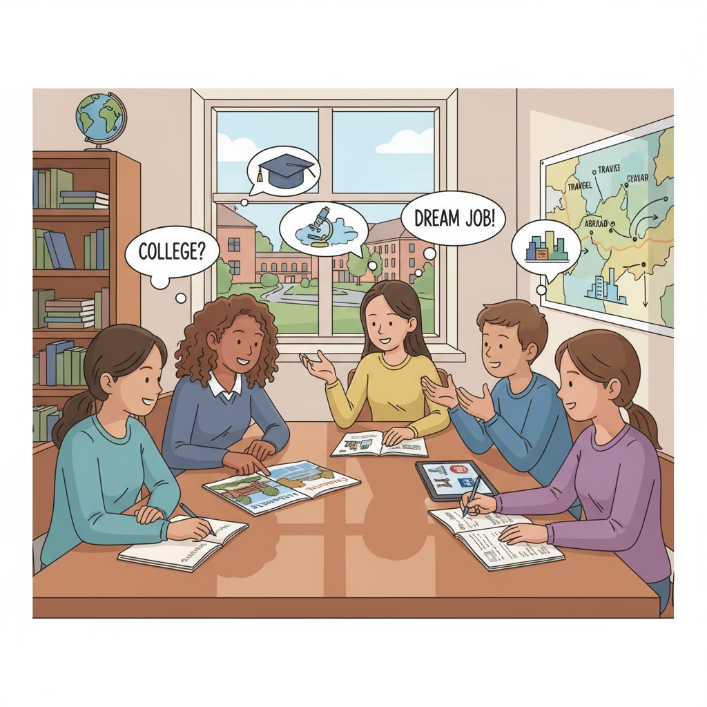 High school students engaged in academic planning, college selection, and career development discussions