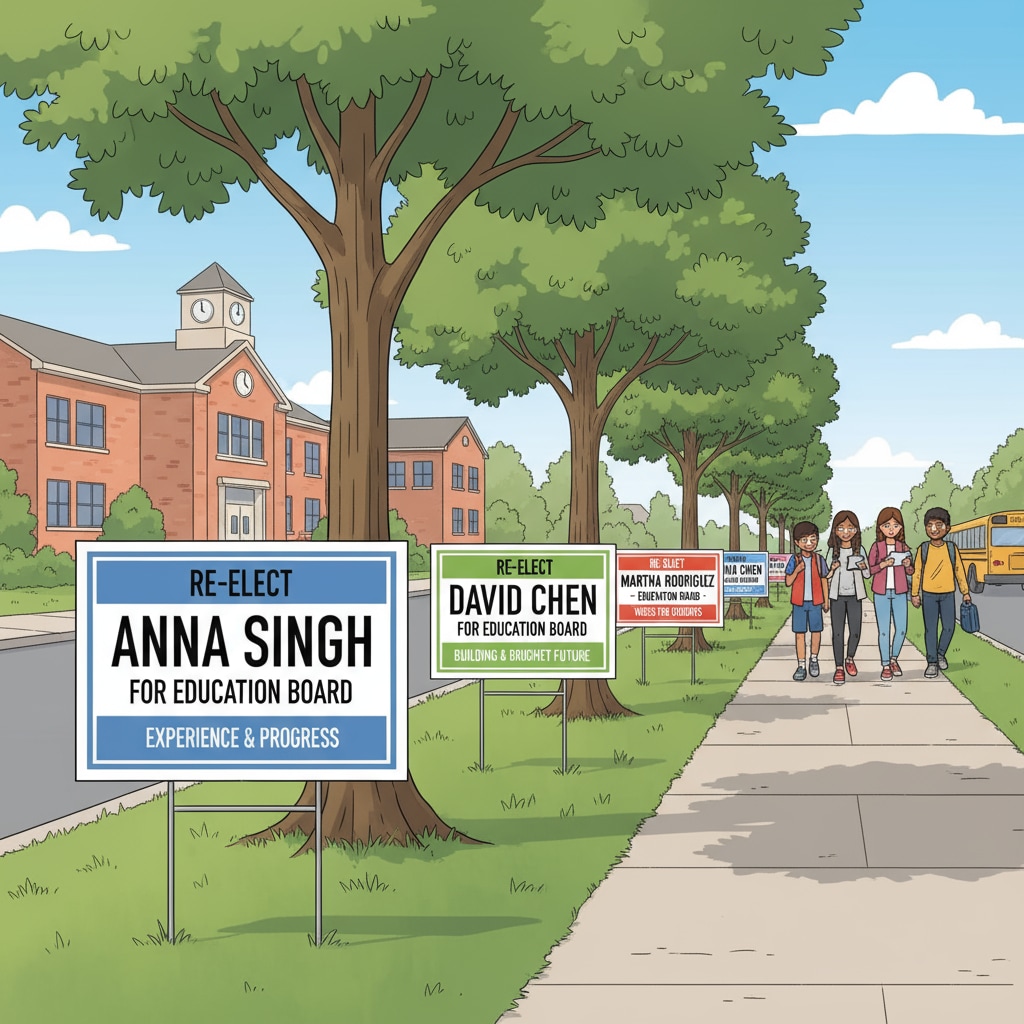 Campaign signs are placed along a street, showing names and slogans of candidates running for the education board election. Campaign signs in an education board election related to political civility