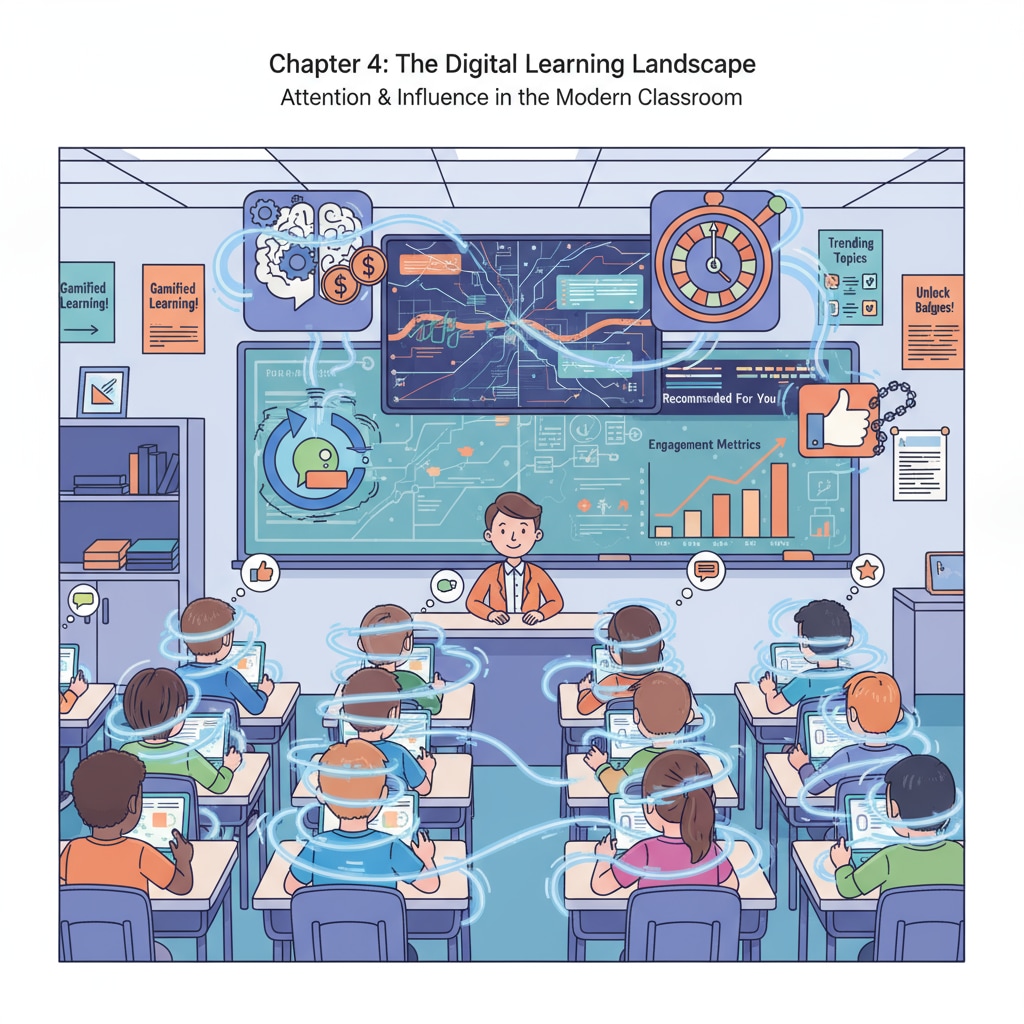 Students using digital devices in a classroom, representing the digital learning environment affected by attention economy and tech manipulation K12 students in a digital classroom influenced by attention economy, information deserts, and tech manipulation