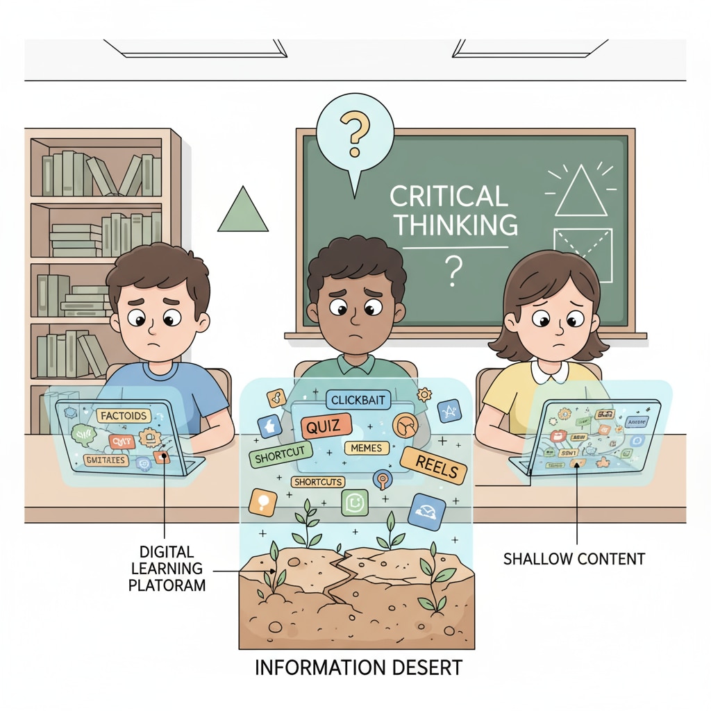 Students looking confused while browsing through a digital learning platform filled with shallow content, symbolizing the information desert Students facing information deserts due to tech manipulation in digital learning